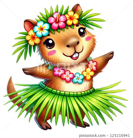 Cheerful animal in a hula skirt dancing with flowers and joy. 125210941