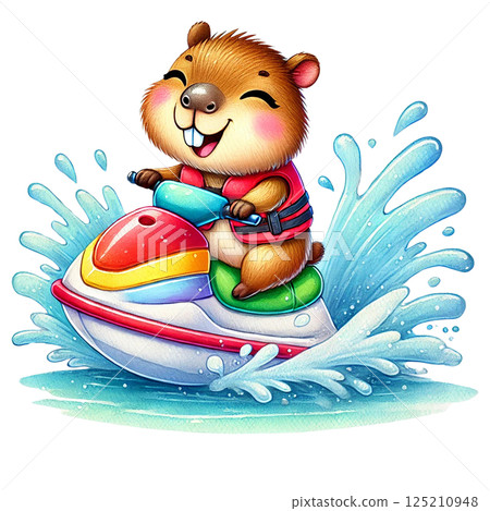 Cute cartoon animal joyfully riding a jet ski on water waves. 125210948