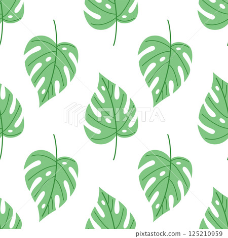 Seamless pattern with flat green monstera leaves. Ideal for textile prints, eco packaging, and summer backgrounds. Clean, tropical and modern look. 125210959