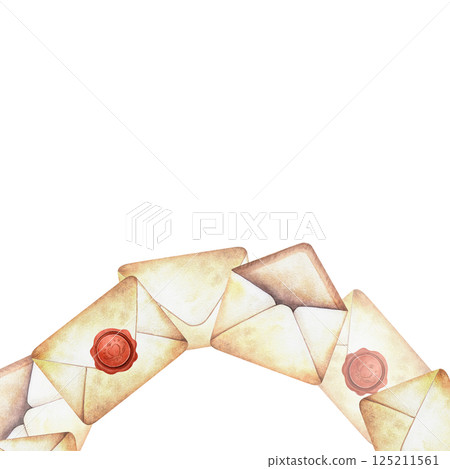 Vintage mail with retro envelopes square frame with template. Hand-painted watercolor arrangement with old letters. Perfect for stationery design, literature, poetry themes, vintage postcard, decor 125211561