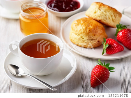 Tea, scones and strawberries 125211678