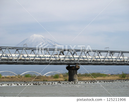 View of snow-capped Mount Fuji from a railway bridge as a Shinkansen train passes by 125211906