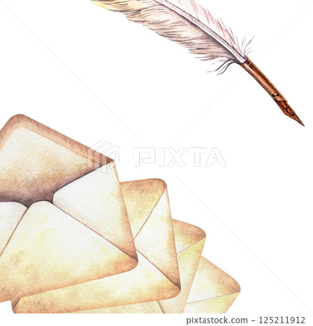 Vintage quill pen and letters template. Square watercolor frame with retro envelopes and ink pen. Hand drawn art perfect for poetic, literature, historical arrangement, cards, flyers and invitations Vintage quill pen and letters template. Square watercolor frame with retro envelopes and ink pen. Hand drawn art perfect for poetic, literature, historical arrangement, cards, flyers and invitations 125211912