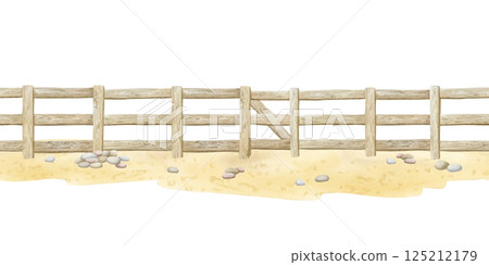 Watercolor wooden farm fence on sand ground seamless border illustration isolated on white. Horizontal repeat background with rustic village decor. Old simple boundary inn pastel beige colors 125212179