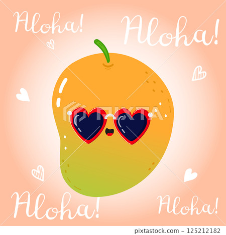 A vibrant cartoon of a smiling Mango, sporting heart sunglasses and the word aloha, perfect for summer vibes. A vibrant cartoon of a smiling Mango, sporting heart sunglasses and the word aloha, perfect for summer vibes. 125212182