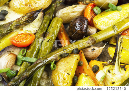Tasty grilled vegetables, vegetarian food. 125212540