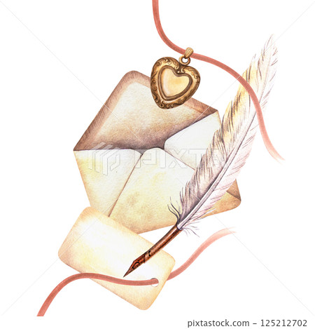 Romantic composition with heart pendant, vintage love letters, name card, quill pen. Elegant watercolor illustration of women's accessories. Ideal Valentine's day decoration, love and feminine themes Romantic composition with heart pendant, vintage love letters, name card, quill pen. Elegant watercolor illustration of women's accessories. Ideal Valentine's day decoration, love and feminine themes 125212702