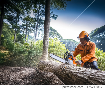 Image of a man cutting wood with a chainsaw Image of a man cutting wood with a chainsaw 125212847