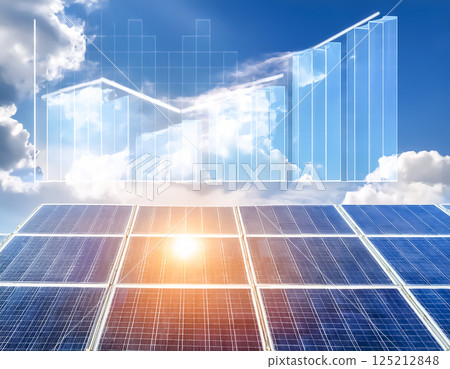 Image of solar panels, blue sky and power generation graph Image of solar panels, blue sky and power generation graph 125212848