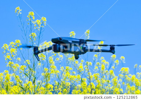 Center: Drone flying over a spring flower field Center: Drone flying over a spring flower field 125212865
