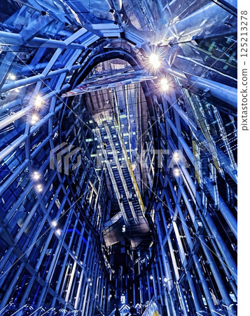 Stock Photo: Shibuya Stream Blue Elevator Mirror Reflection Night Stock Photo: Shibuya Stream Blue Elevator Mirror Reflection Night 125213278