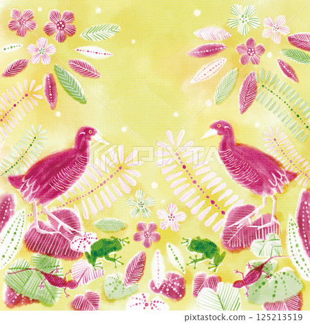 Hand-drawn watercolor pattern of tropical birds and plants Hand-drawn watercolor pattern of tropical birds and plants 125213519