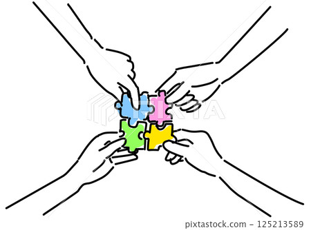 Image of cooperation, hands of people doing jigsaw puzzle Image of cooperation, hands of people doing jigsaw puzzle 125213589