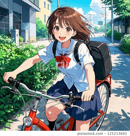 School girls riding a bicycle 125213683