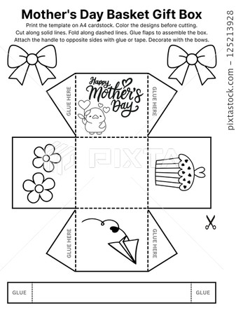 Fun and educational Mothers Day project including printable coloring templates and basket box crafts for children to cut, decorate, and present to mom as a surprise 125213928
