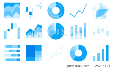 Blue graph icon set: pie chart, stacked bar graph, radar chart, candlestick chart, box plot 125214171