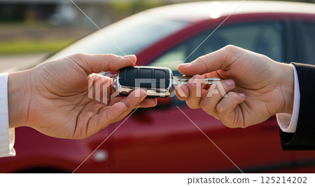Hand of a woman handing over the car keys Hand of a woman handing over the car keys 125214202