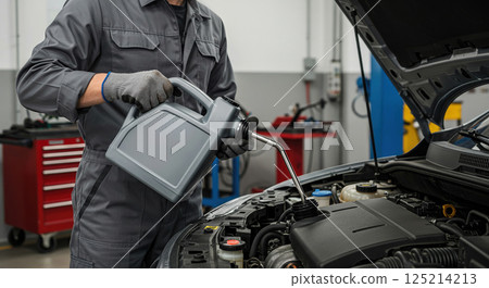 Asian mechanic's hands changing the oil in a car 125214213