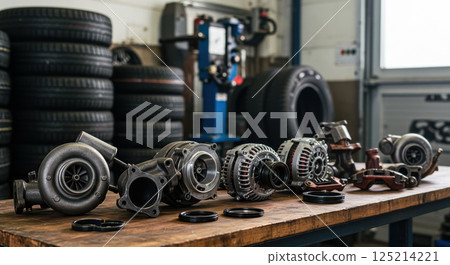 備用汽車零件排列在架上 125214221