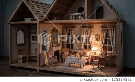 A beautifully lit miniature model of a cozy room, featuring a table, chairs, shelves, and a window with soft natural light streaming in. The warm lighting creates a peaceful and inviting atmosphere, h A beautifully lit miniature model of a cozy room, featuring a table, chairs, shelves, and a window with soft natural light streaming in. The warm lighting creates a peaceful and inviting atmosphere, h 125214551