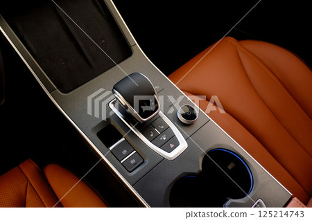 Selector automatic transmission with leather in the interior of a modern car. Selector automatic transmission with leather in the interior of a modern car. 125214743