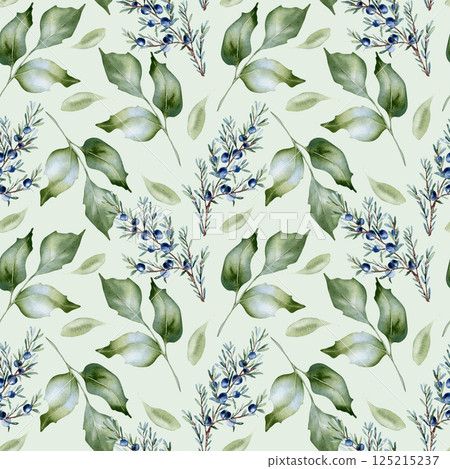 Botanical seamless pattern of juniper and holly branches with berries isolated. Watercolor coniferous greenery in muted sage tones hand drawn. Repeated foliage for fabric, stationery, backgrounds. Botanical seamless pattern of juniper and holly branches with berries isolated. Watercolor coniferous greenery in muted sage tones hand drawn. Repeated foliage for fabric, stationery, backgrounds. 125215237