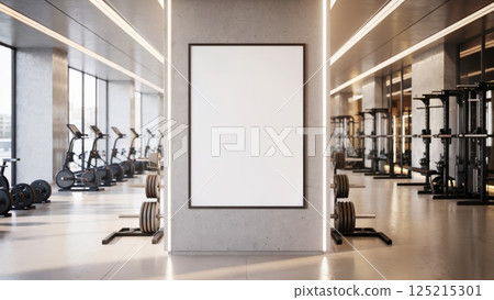 A mockup of a gym interior with a large blank frame on the wall, ready for a poster or artwork 125215301