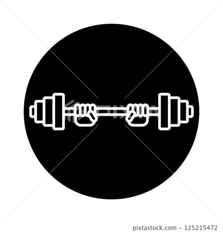 Hands lifted barbell weight. Round icon. Black white silhouette. Isolated vector illustration on white background. 125215472
