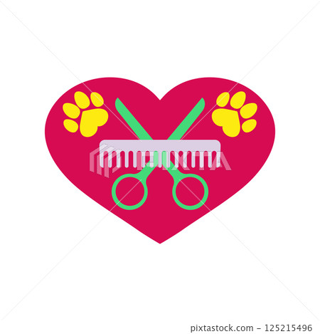 Dog grooming logo design. Dog paw print with comb, scissors and red heart. Vector clipart and drawing. Isolated illustration on white background. 125215496