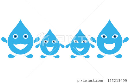 Cheerful happy family with children from blue water droplets. Cute smiling drops of water with faces. Mom and dad, son and daughter. Set of vector illustrations. 125215499