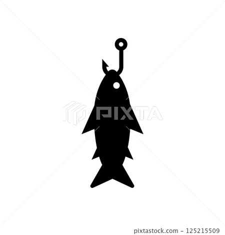 Fish hanging on a hook. Logo and icon design. Vector illustration. Silhouette on white background. Isolated drawing. Fish hanging on a hook. Logo and icon design. Vector illustration. Silhouette on white background. Isolated drawing. 125215509