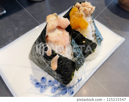 Mentaiko mayonnaise rice ball and minced meat and egg yolk rice ball Mentaiko mayonnaise rice ball and minced meat and egg yolk rice ball 125215547