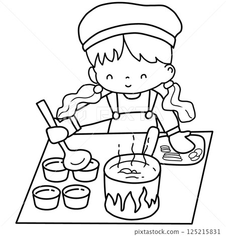outline cartoon of a little girl cooking 125215831