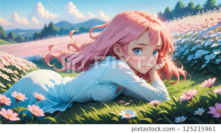 Girl lying in a flower field Girl lying in a flower field 125215961