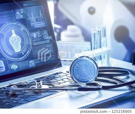 Medical image material: Stethoscope and laptop computer 125216005