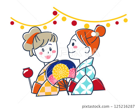 兩位身穿浴衣的年輕女子正享受夏日祭典[向量插圖素材] 125216287