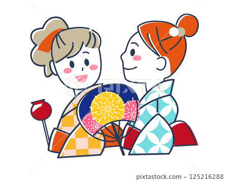 兩位身穿浴衣的年輕女子正享受夏日祭典[向量插圖素材] 125216288