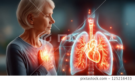 Senior woman holding her chest in pain with glowing 3D heart and lungs representation. Concept of heart disease and health issues. Medical and health awareness atmosphere Senior woman holding her chest in pain with glowing 3D heart and lungs representation. Concept of heart disease and health issues. Medical and health awareness atmosphere 125216433
