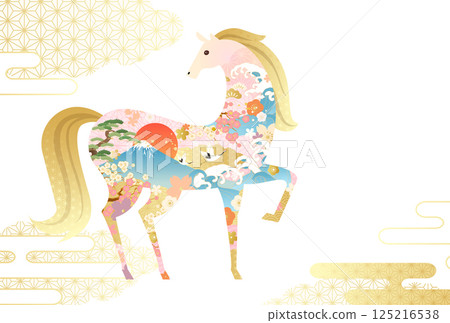 New Year's card template for 2026, Year of the Horse, with a Japanese pattern (vector illustration) New Year's card template for 2026, Year of the Horse, with a Japanese pattern (vector illustration) 125216538