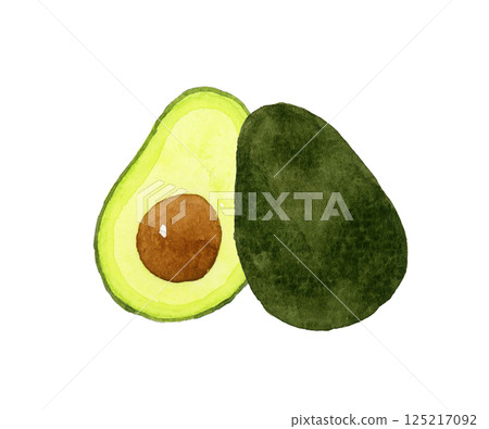 酪梨切成兩半。手繪蔬菜和水果的水彩插圖。 酪梨切成兩半。手繪蔬菜和水果的水彩插圖。 125217092