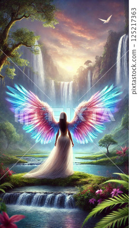 一位長著彩虹翅膀的美麗天使站在瀑布邊 125217363
