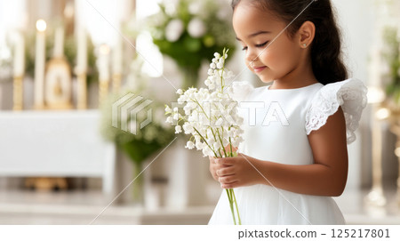 Chrismation symbol with young girl in pure white dress holding flowers 125217801