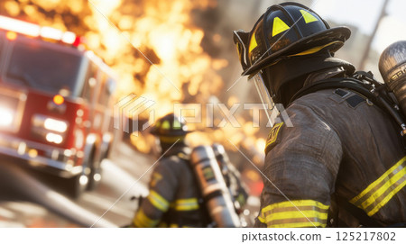 Firefighters tackling intense blaze with flames and smoke, emergency response 125217802