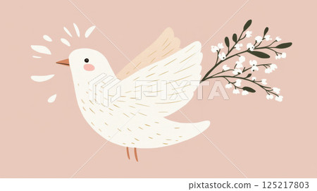 Chrismation symbol dove with floral lilies of the valley branch on pastel background 125217803