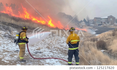 Firefighter battling forest blaze under orange sky, silhouette, emergency concept 125217820