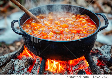 A large pot simmers over an open fire, filled with vibrant vegetables and meat 125217870
