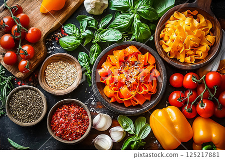 Colorful selection of fresh ingredients for a delicious pasta dish on a wooden table in a kitchen setting 125217881