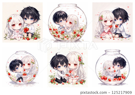 草莓收穫。一個白化病女孩和一個藍眼睛的年輕人去採草莓。動漫風格微型人物剪貼畫集 125217909