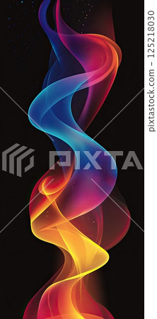 Colorful abstract wave of flowing gradient lines in neon hues of blue, orange on a black background 125218030