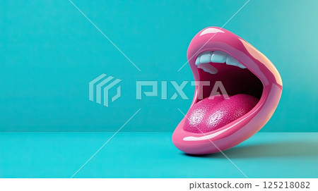 Close-up of pink glossy lips with tongue sticking out on a vibrant blue background Close-up of pink glossy lips with tongue sticking out on a vibrant blue background 125218082